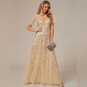 Gold Sequin Embroidery V-Neck Short Sleeve Maxi Evening Dress
